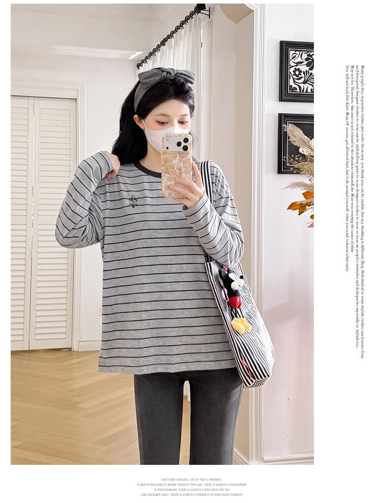 실사 출산 착용 한 부서 루즈핏 스트라이프 긴팔 티셔츠 2026 가을 새로운 얇은 스타일 달콤함 봄과 가을 맨위 상세 이미지 22