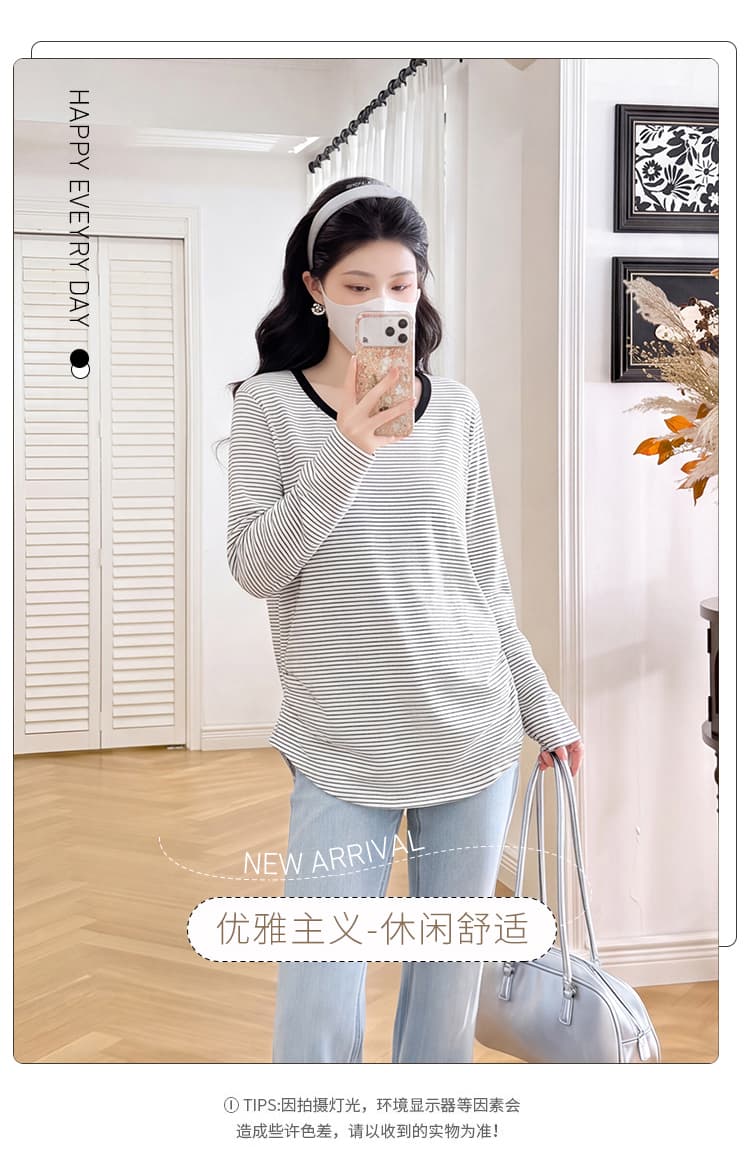 실사 출산 착용 스트라이프 라운드 넥 쇼트 스타일 긴팔 티셔츠 2026 가을 루즈핏 다용도 캐주얼 만나는 맨위 상세 이미지 4
