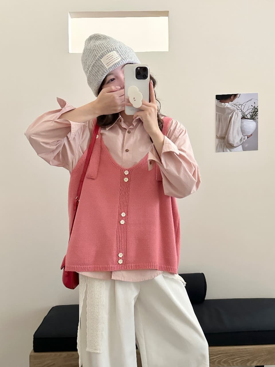 실사 출산 착용 2026 가을 겨울철 미니멀리즘 센 부서 루즈핏 수공 레트로 슬립 니트 셔츠 베스트 세트 상세 이미지 4