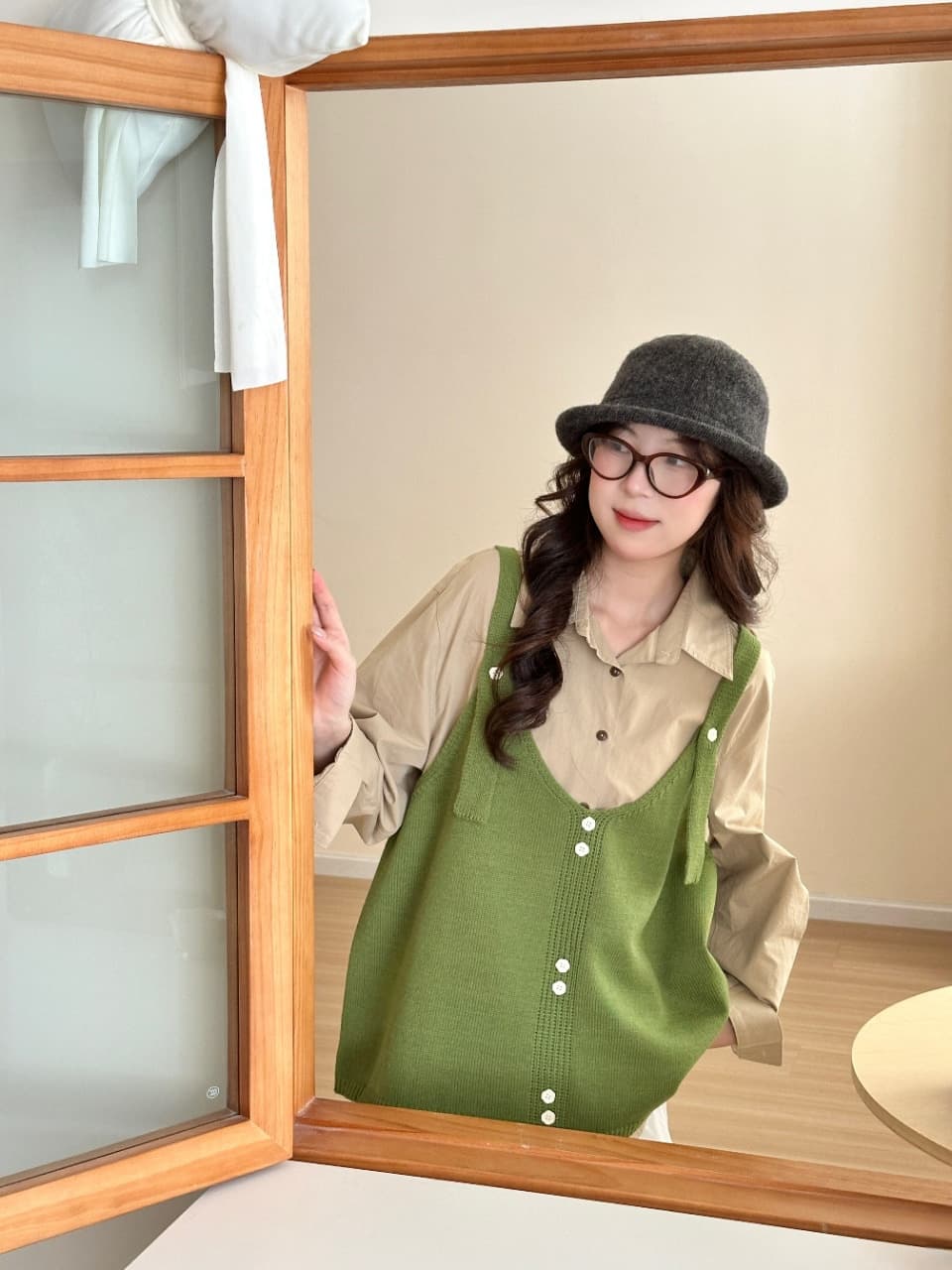 실사 출산 착용 2026 가을 겨울철 미니멀리즘 센 부서 루즈핏 수공 레트로 슬립 니트 셔츠 베스트 세트 상세 이미지 7