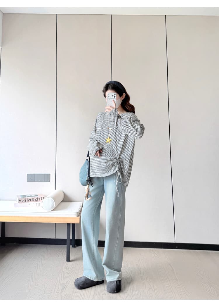 실사 출산 착용 한 부서 배색 스트라이프 긴팔 티셔츠 가을 새로운 느긋한 느슨함 센스 가을 겨울 만나는 맨위 상세 이미지 19