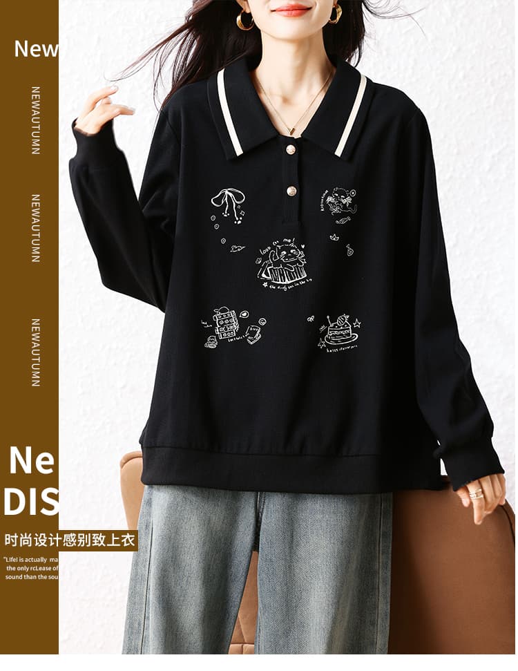 실사 빅 사이즈 여성 의류 연령 감소 POLO 칼라 샤오 후아 남편 그리드 지방 mm 2025 가을 루즈핏 캐주얼 맨위 상세 이미지 1