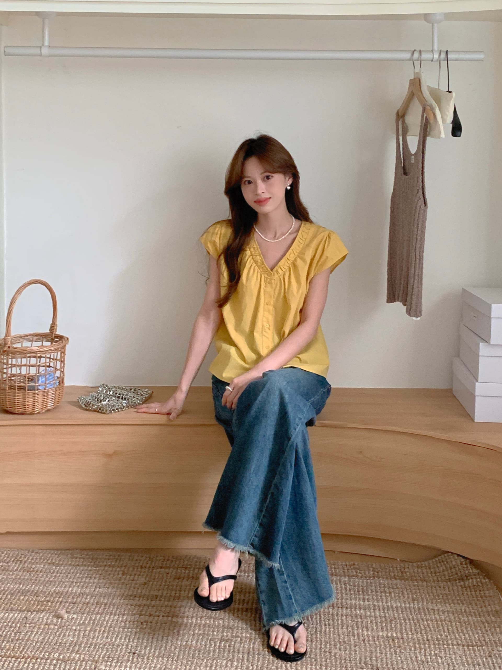 실사 있음 밖으로 여름 켜기 새로운 안녕하세요. 팬 달콤함 미니멀리즘 주름 V넥 작은 셔츠 상세 이미지 10