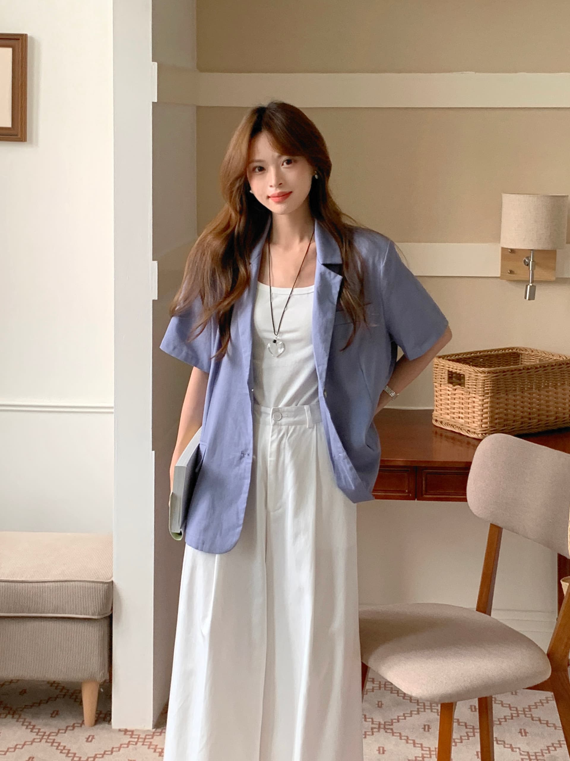 실사 있음 선적 여름 레트로 폴로 칼라 싱글 줄 버튼 루즈핏 면 린넨 블레이저 이미지 3
