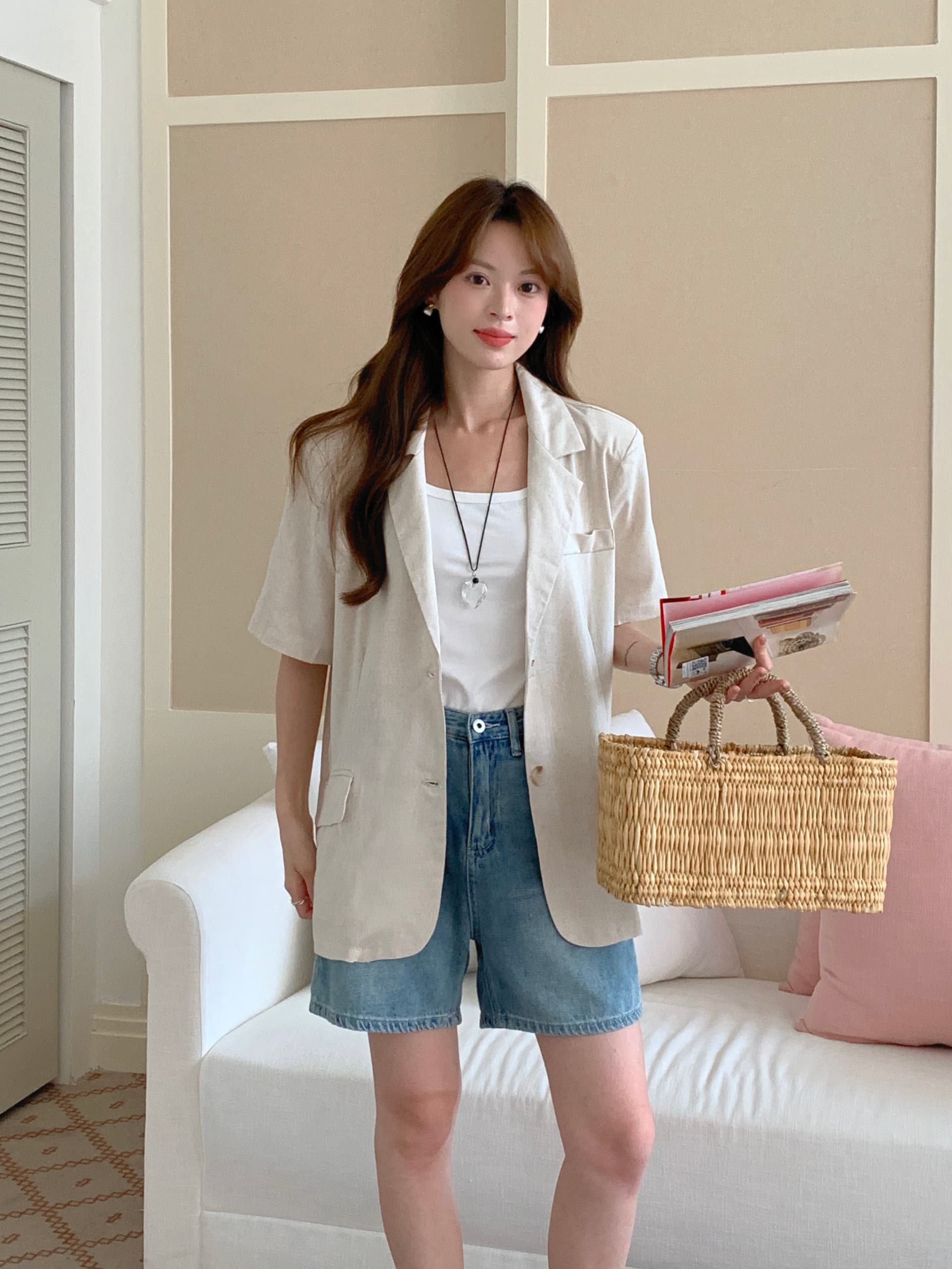 실사 있음 선적 여름 레트로 폴로 칼라 싱글 줄 버튼 루즈핏 면 린넨 블레이저 상세 이미지 5