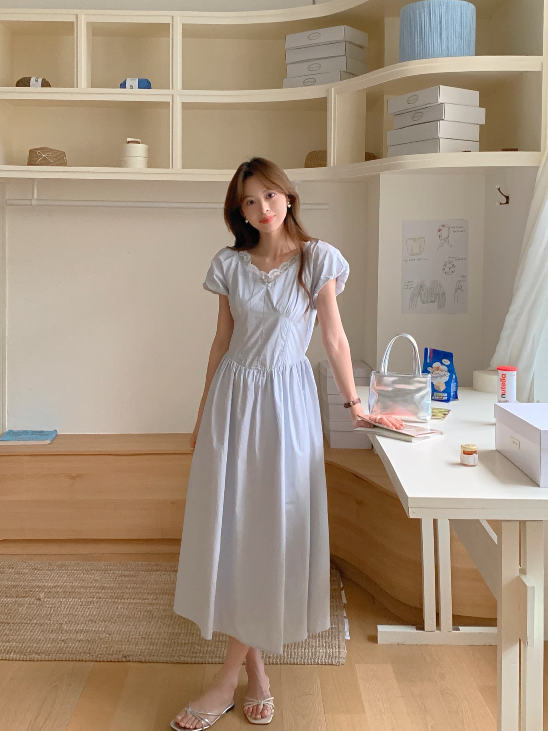 실사 있음 밖으로 프랑스식 새로운 여성 여름 품격 허리 수축 레이스 측면 길이 치마 상세 이미지 3