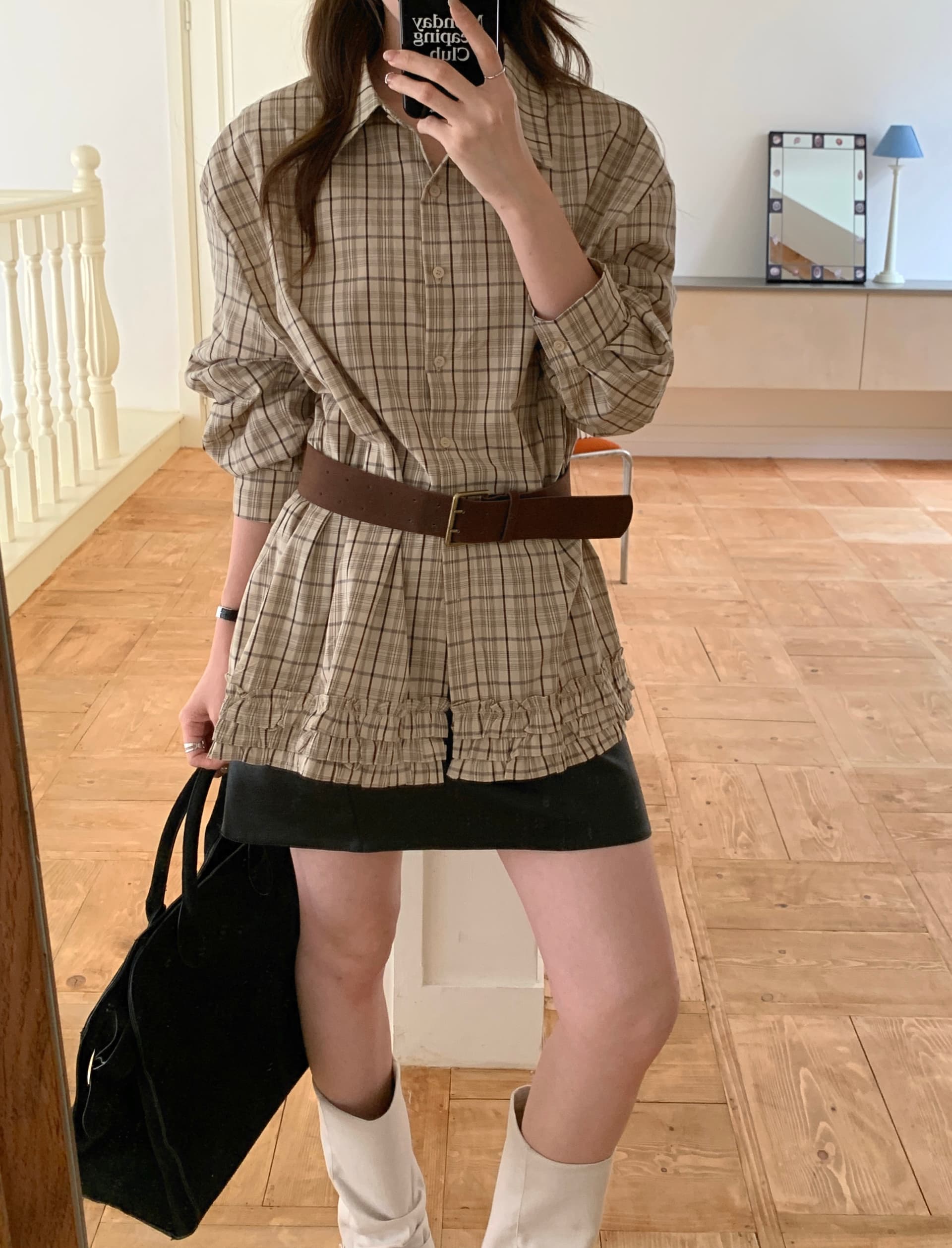 실사 있음 선적 새로운 느긋한 바람 프릴 카키 색 격자 무늬 셔츠 켜기 벨트 벨트 상세 이미지 7
