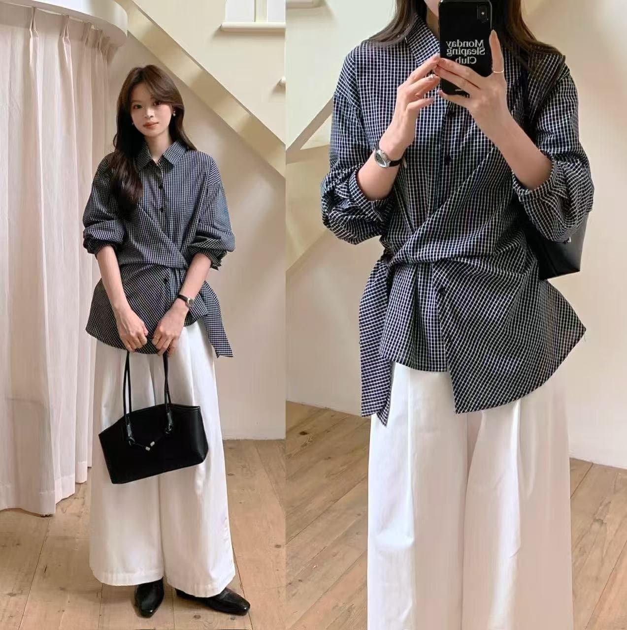 실사 있음 선적 작은 대중 디자인 센스 체크무늬 긴팔 셔츠 여성 가을 다용도 슬림해 보이는 연령 감소 맨위