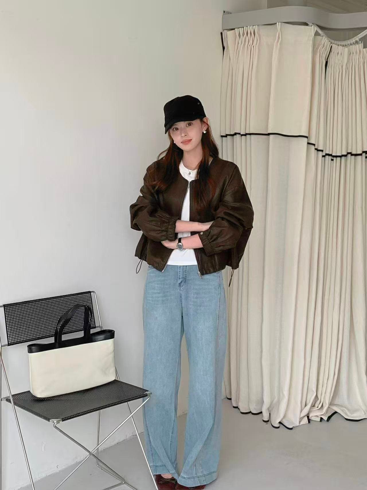 실사 있음 선적 한 부서 아름다움 라드. 레트로 품격 질감 짧은 외투 가을 라운드 넥 캐주얼 다용도 가죽 재킷 이미지 5