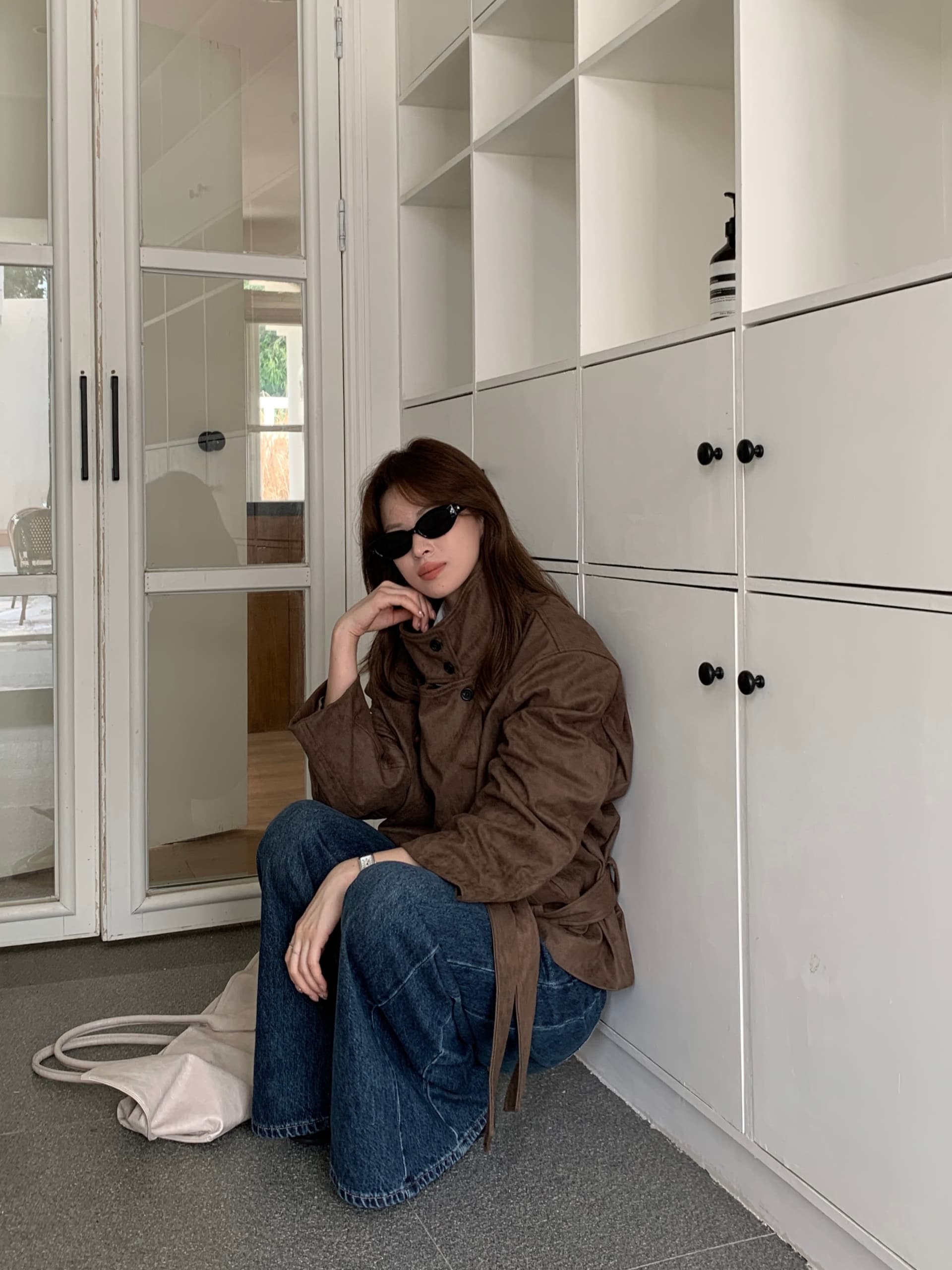 있음 선적 실사 새로운 한국 스타일 패션 분위기 센스 스탠드 칼라 허리 수축 레이스업 사슴 캐시미어 재킷 상세 이미지 12