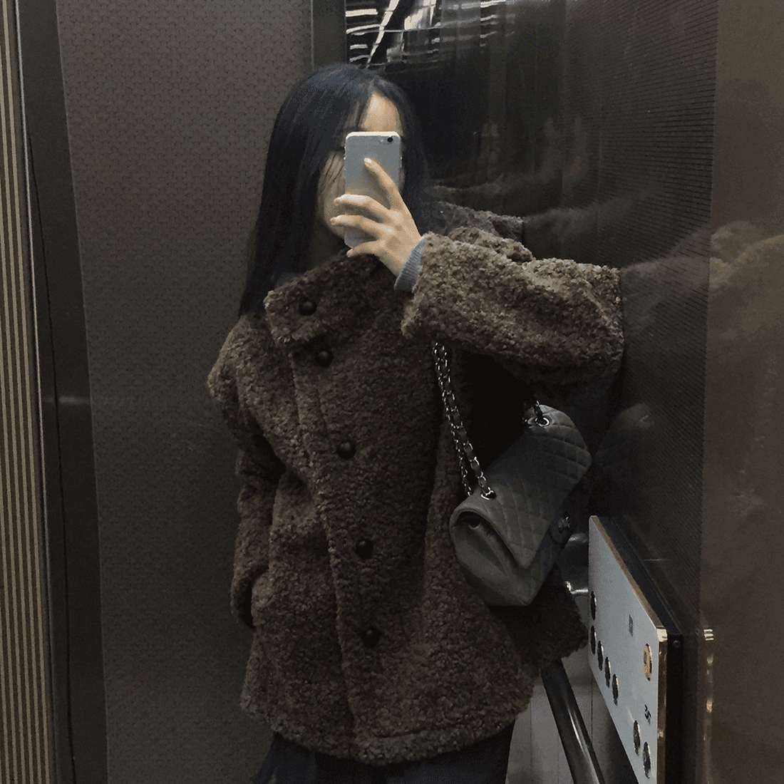 있음 밖으로 h 한국 스타일 chic 양 컬 이중 버튼 재킷 피모 하나 스탠드 칼라 중간 길이 코트 상세 이미지 3