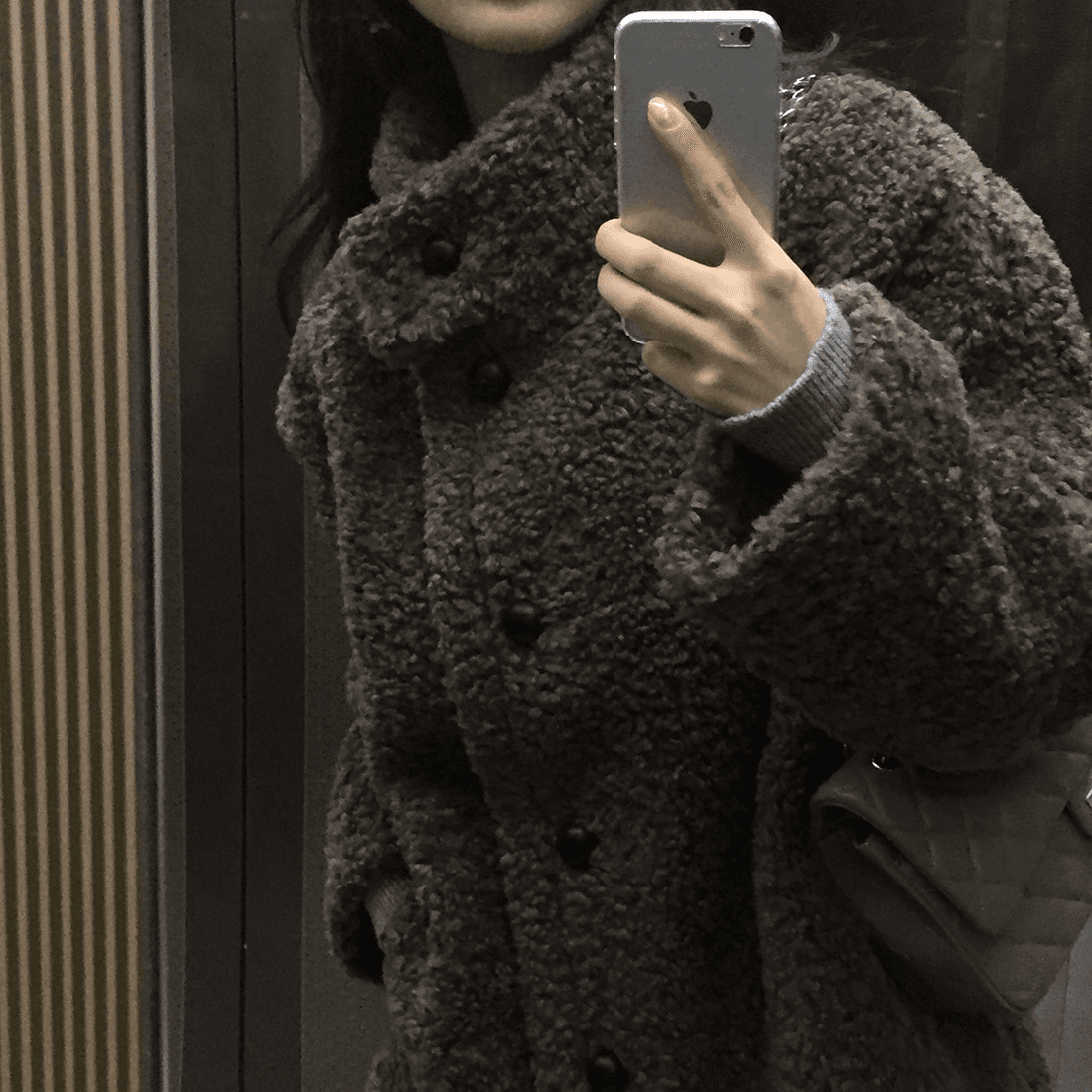있음 밖으로 h 한국 스타일 chic 양 컬 이중 버튼 재킷 피모 하나 스탠드 칼라 중간 길이 코트 상세 이미지 11