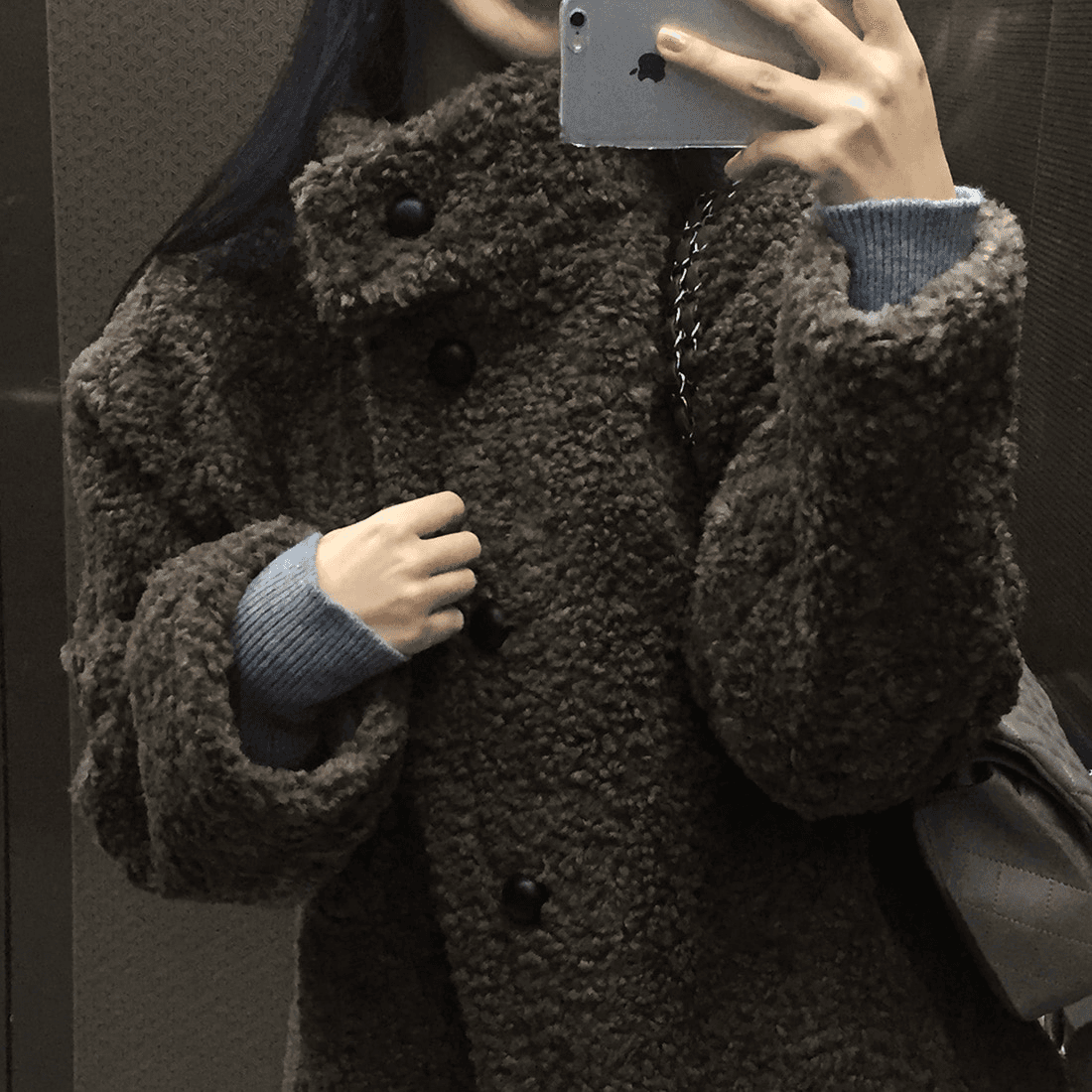 있음 밖으로 h 한국 스타일 chic 양 컬 이중 버튼 재킷 피모 하나 스탠드 칼라 중간 길이 코트 상세 이미지 13