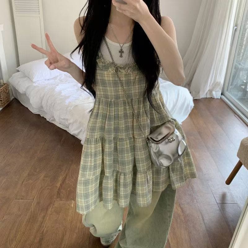 한국 스타일 레트로 달콤함 소녀 귀여운 퍼프 체크무늬 레이스 슬립 케이크 드레스 이미지 2