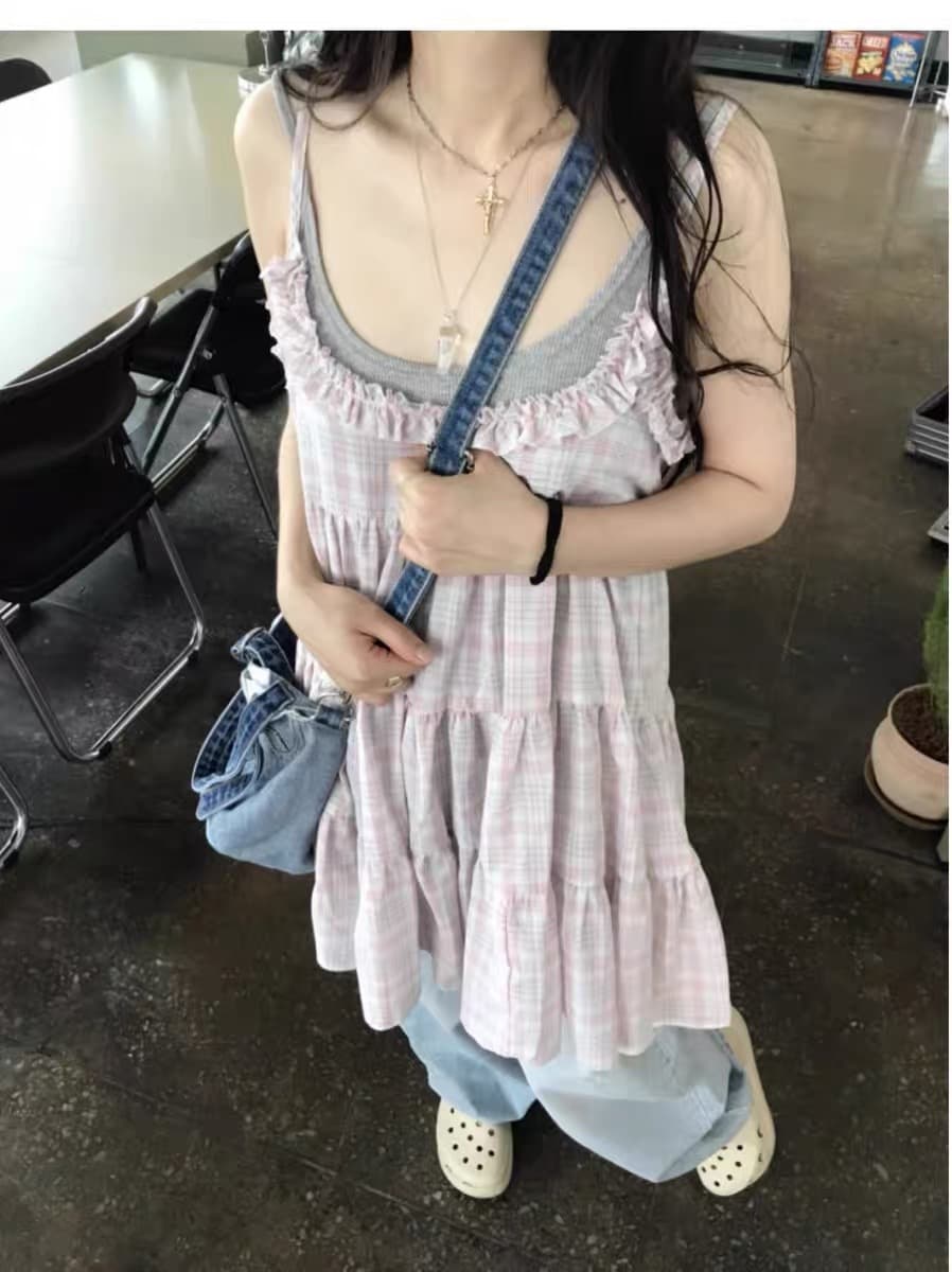 한국 스타일 레트로 달콤함 소녀 귀여운 퍼프 체크무늬 레이스 슬립 케이크 드레스 이미지 3
