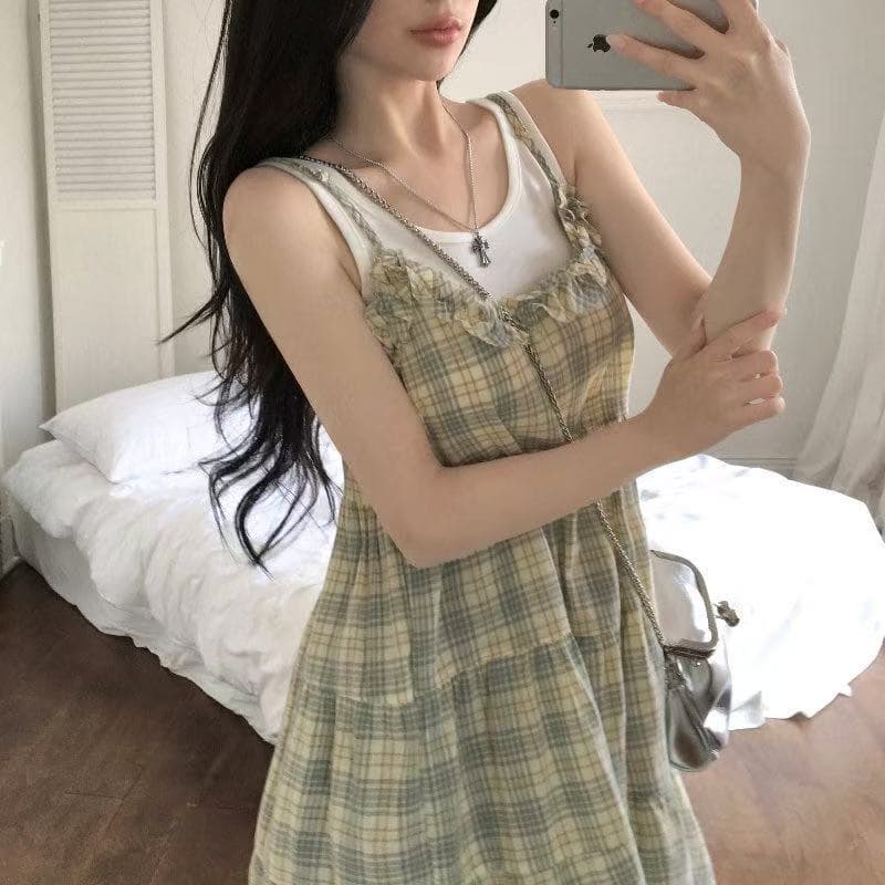 한국 스타일 레트로 달콤함 소녀 귀여운 퍼프 체크무늬 레이스 슬립 케이크 드레스 상세 이미지 9
