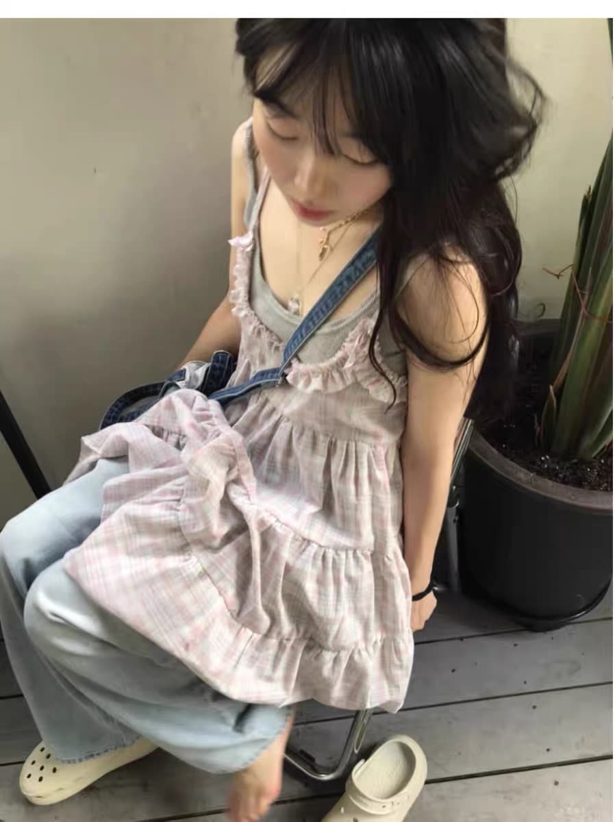 한국 스타일 레트로 달콤함 소녀 귀여운 퍼프 체크무늬 레이스 슬립 케이크 드레스 상세 이미지 14