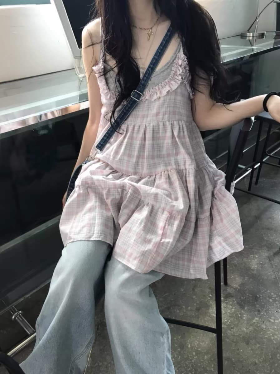 한국 스타일 레트로 달콤함 소녀 귀여운 퍼프 체크무늬 레이스 슬립 케이크 드레스 상세 이미지 18