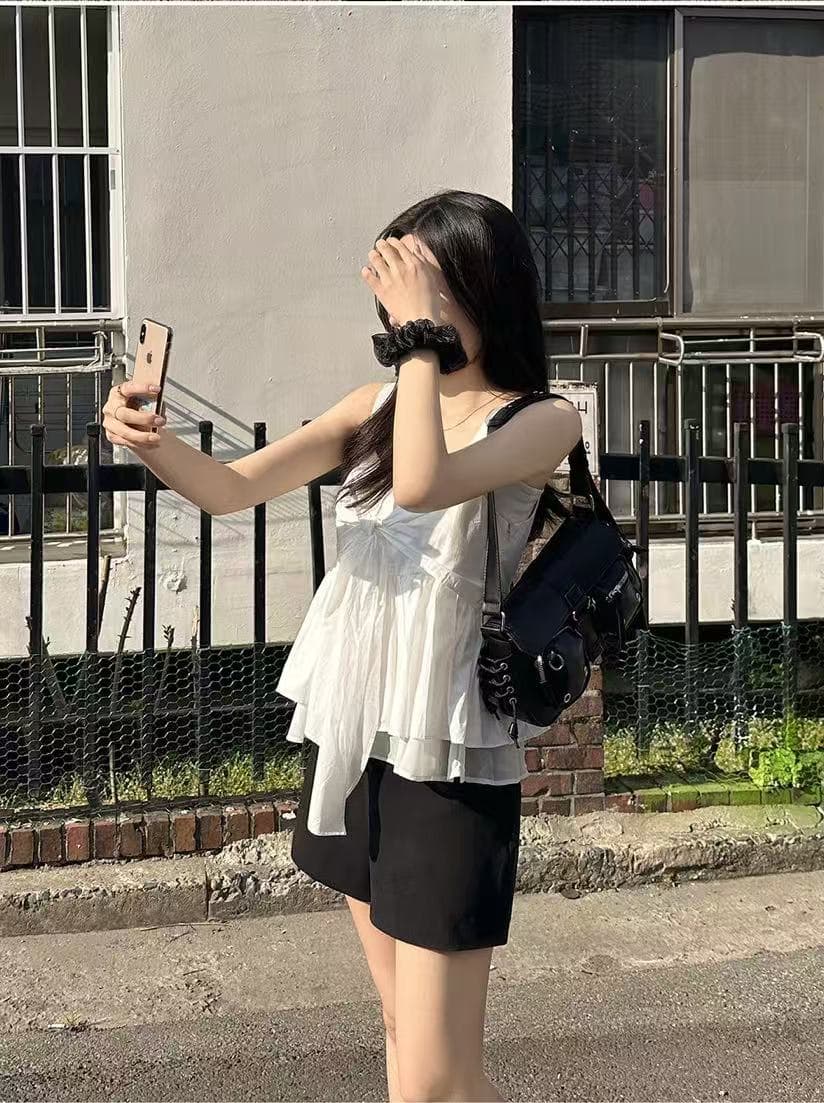있음 밖으로 한국 chic V넥 꼬집기 Pleat 나비 매듭 쇼트 스타일 거품 소매 셔츠 상세 이미지 2