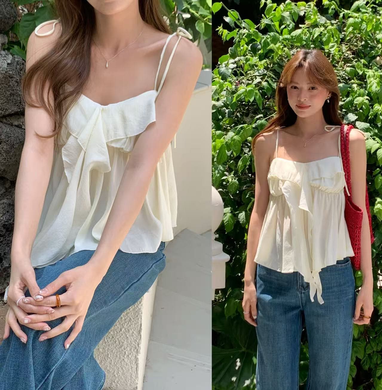 실사 있음 밖으로 한 스타일 작은 청신 레이스업 불규칙 캐미솔 이미지 2