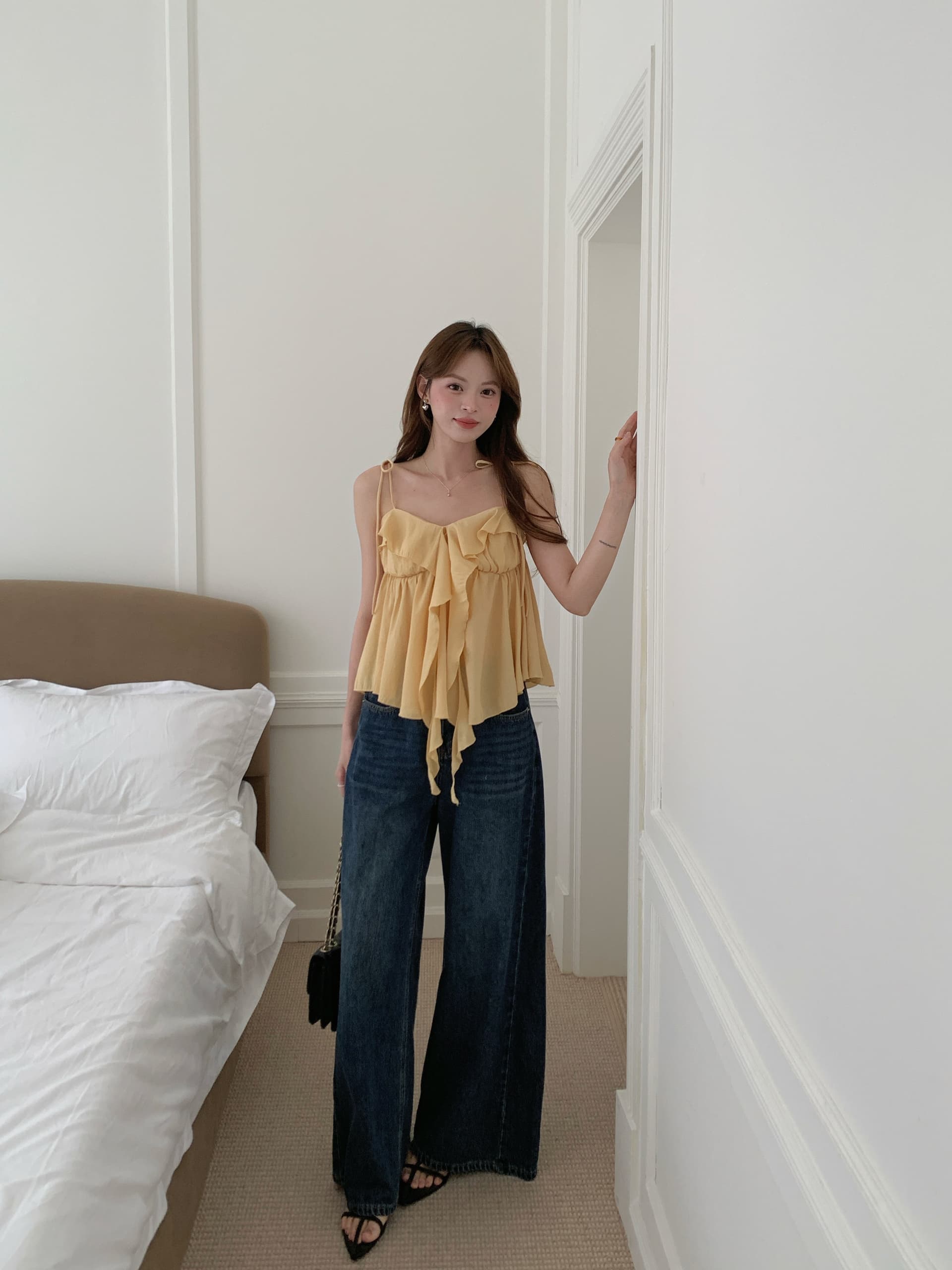 실사 있음 밖으로 맨위 여성 디자인 센스 작은 대중 여름 슬립 불규칙 프릴 셔츠 상세 이미지 10