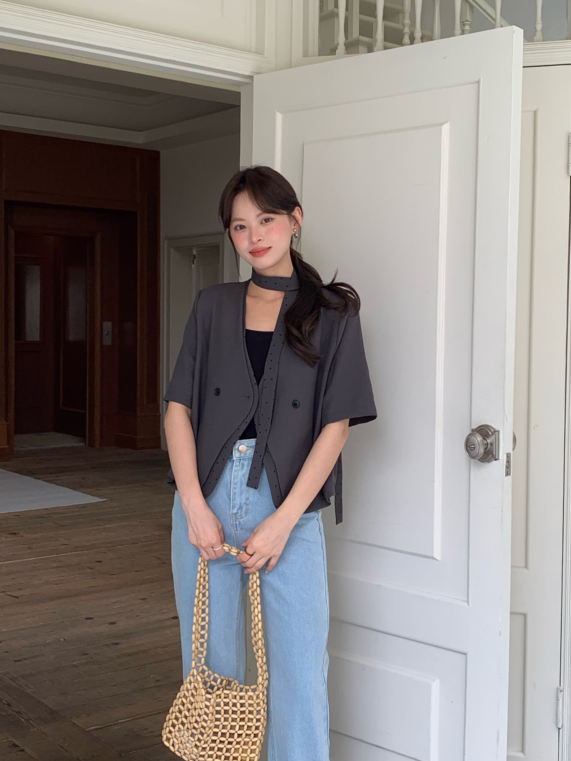 실사 있음 밖으로 새로운 한국 스타일 V넥 도트 무늬 리본 작은 양복 여성 코트 루즈핏 어깨 패드 품격 정장 상세 이미지 14