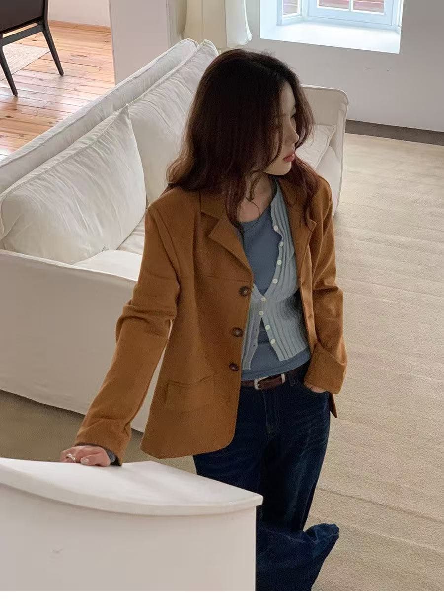 있음 밖으로 ins 프랑스식 레트로 품격 정장 칼라 싱글 줄 버튼 더블 주머니 아름다움 라드. 색상 시스템 블레이저 상세 이미지 11