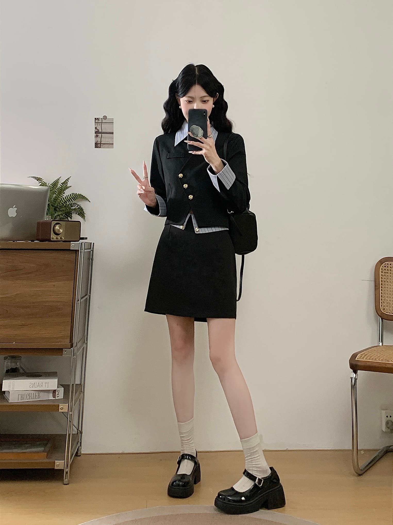 빅 사이즈 여성 의류 봄 새로운 표지 고기 외국 가스 Chic 블레이저 반신 스커트 학원 스타일 두 조각 여성 세트 상세 이미지 4