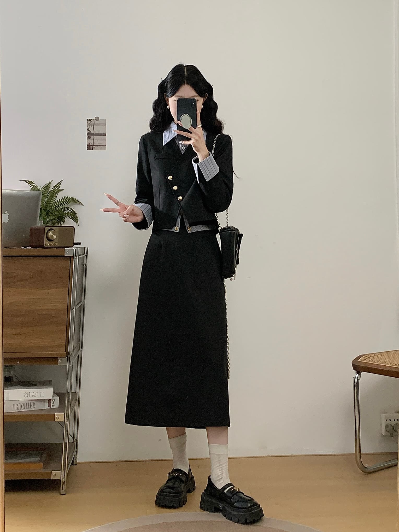빅 사이즈 여성 의류 봄 새로운 표지 고기 외국 가스 Chic 블레이저 반신 스커트 학원 스타일 두 조각 여성 세트 상세 이미지 16