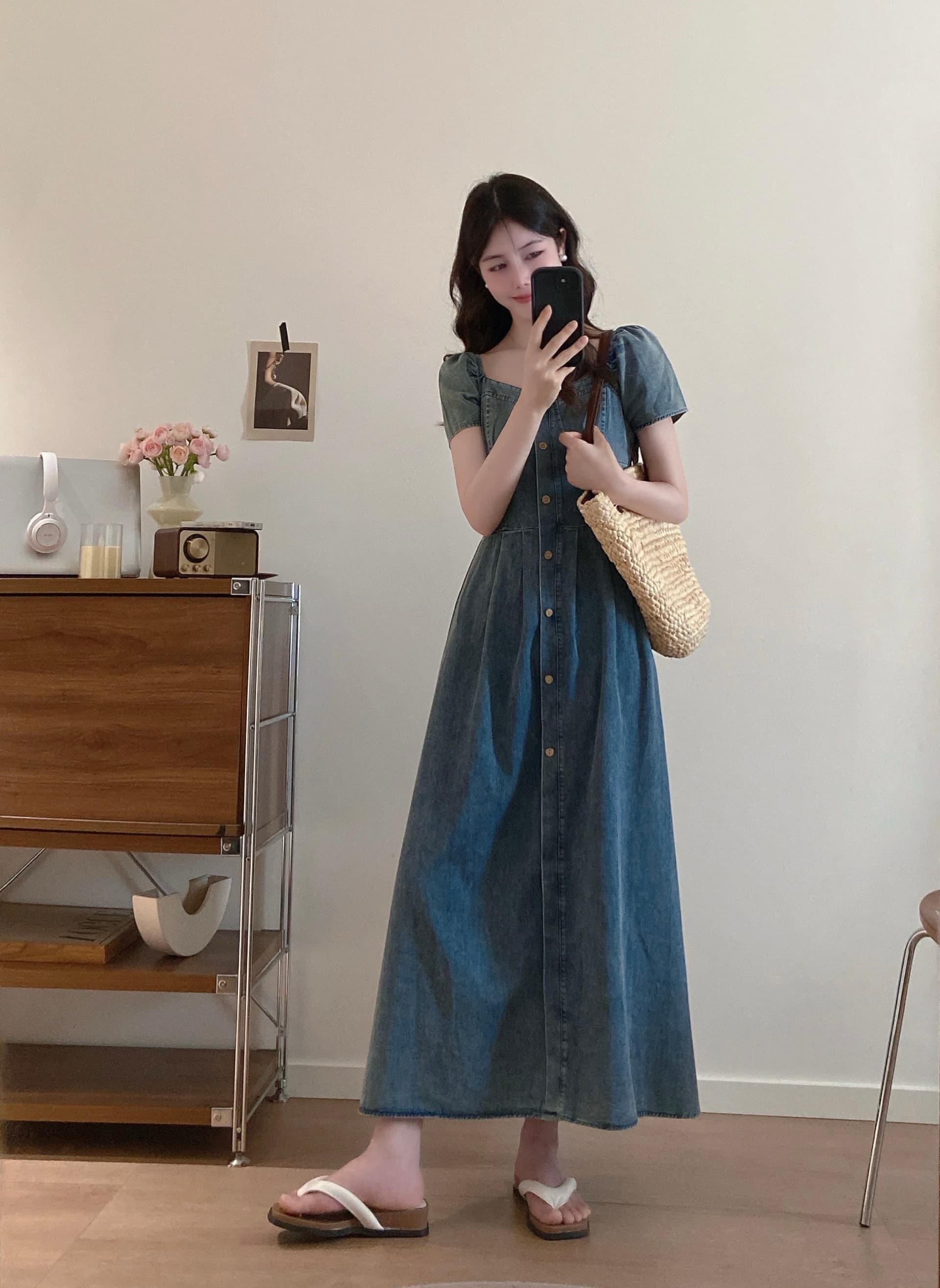 빅 사이즈 여성 의류 새로운 부드러운 한 부서 바람 광장 칼라 데님 거품 소매 싱글 줄 버튼 허리 수축 슬림해 보이는 품격 드레스 상세 이미지 9