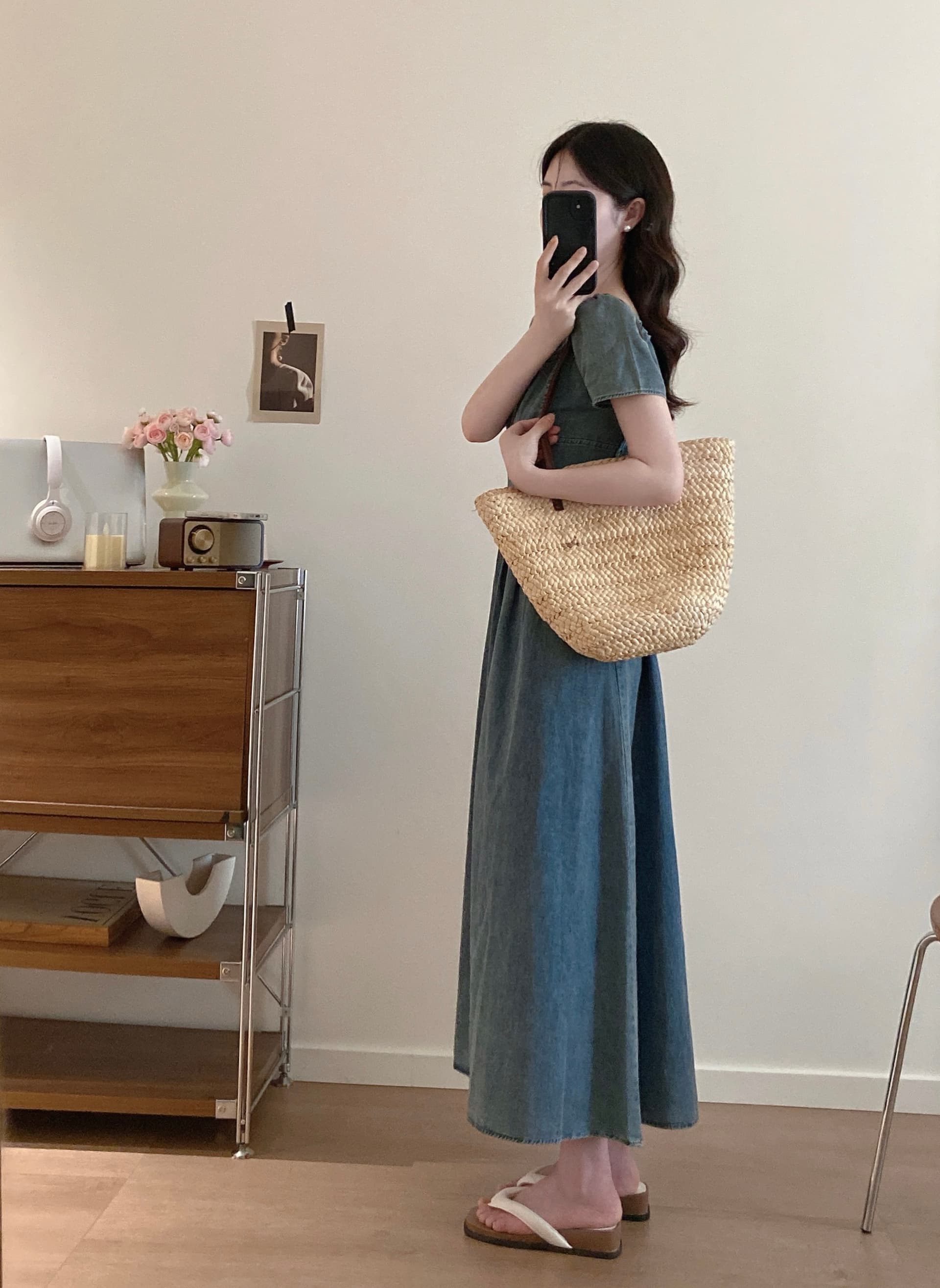 빅 사이즈 여성 의류 새로운 부드러운 한 부서 바람 광장 칼라 데님 거품 소매 싱글 줄 버튼 허리 수축 슬림해 보이는 품격 드레스 상세 이미지 10