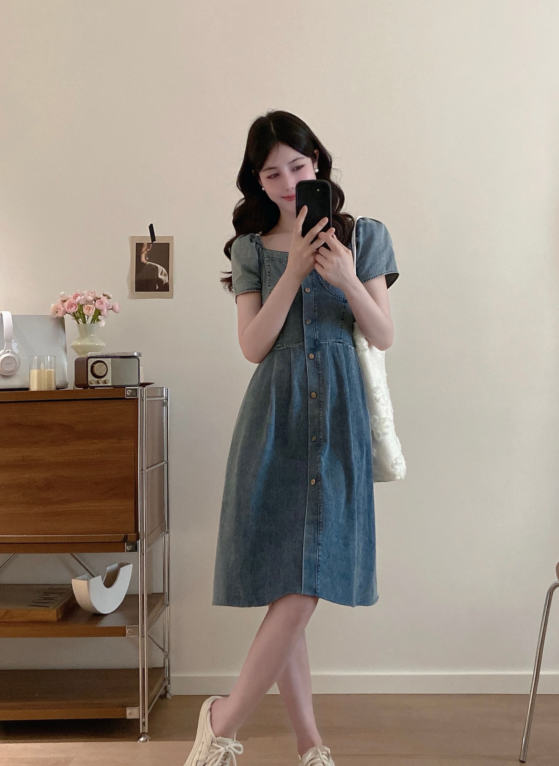 빅 사이즈 여성 의류 새로운 부드러운 한 부서 바람 광장 칼라 데님 거품 소매 싱글 줄 버튼 허리 수축 슬림해 보이는 품격 드레스 상세 이미지 17