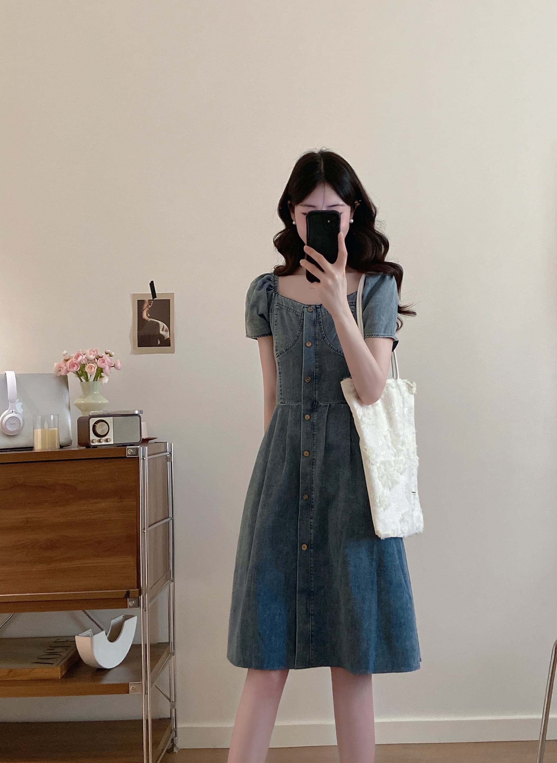 빅 사이즈 여성 의류 새로운 부드러운 한 부서 바람 광장 칼라 데님 거품 소매 싱글 줄 버튼 허리 수축 슬림해 보이는 품격 드레스 상세 이미지 20