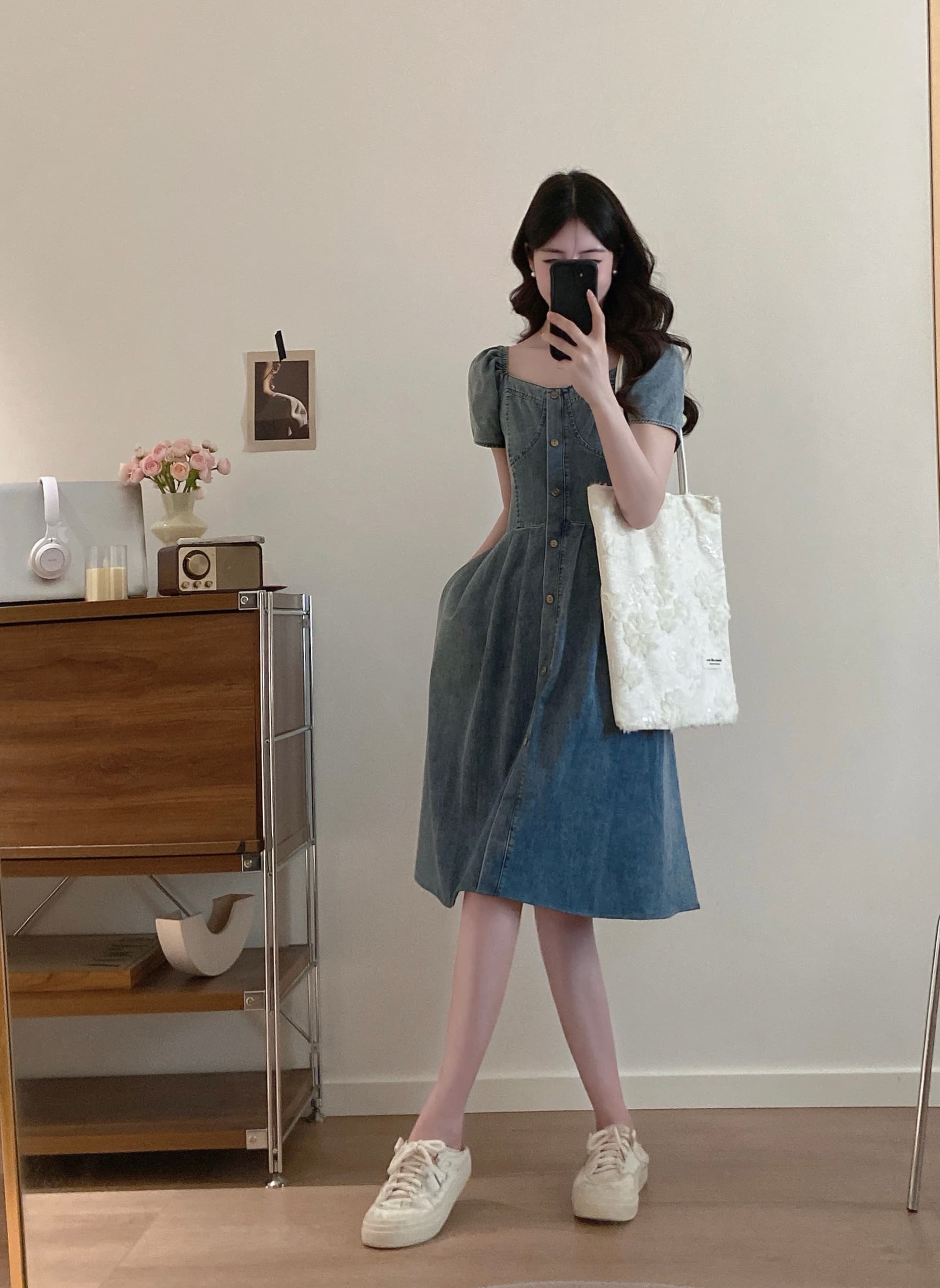 빅 사이즈 여성 의류 새로운 부드러운 한 부서 바람 광장 칼라 데님 거품 소매 싱글 줄 버튼 허리 수축 슬림해 보이는 품격 드레스 상세 이미지 21