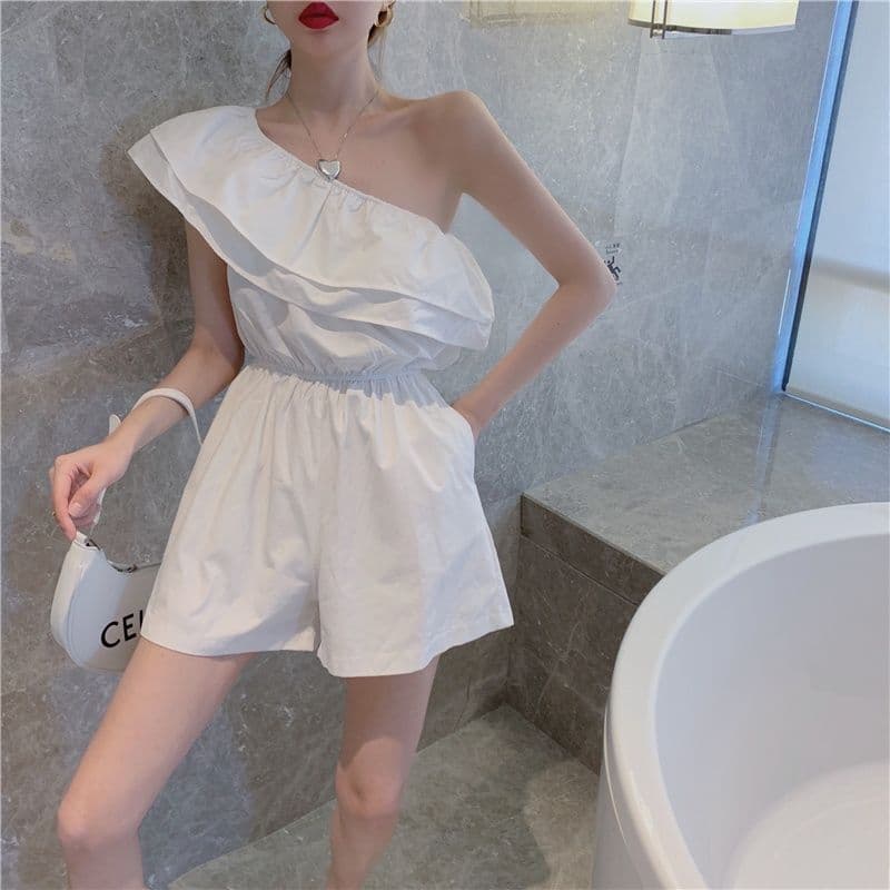 오프숄더 올인원 바지 프릴 비스듬한 어깨 섹션 올인원 바지 오프숄더 섹시함 해변가 휴가 모임 이미지 2
