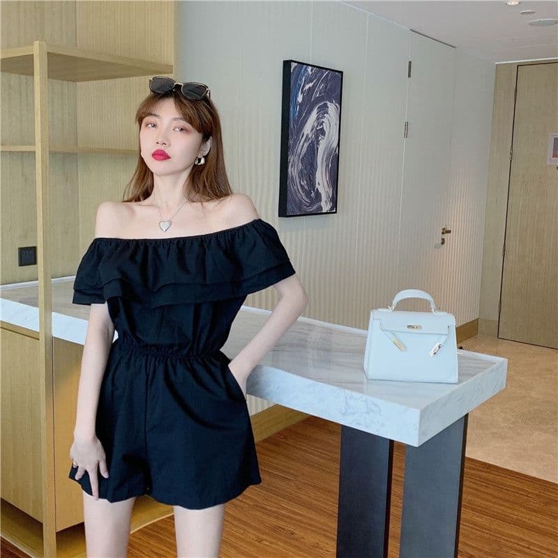오프숄더 올인원 바지 프릴 비스듬한 어깨 섹션 올인원 바지 오프숄더 섹시함 해변가 휴가 모임