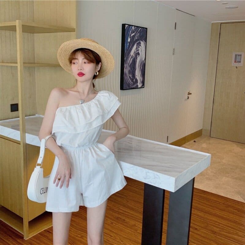 오프숄더 올인원 바지 프릴 비스듬한 어깨 섹션 올인원 바지 오프숄더 섹시함 해변가 휴가 모임 상세 이미지 8