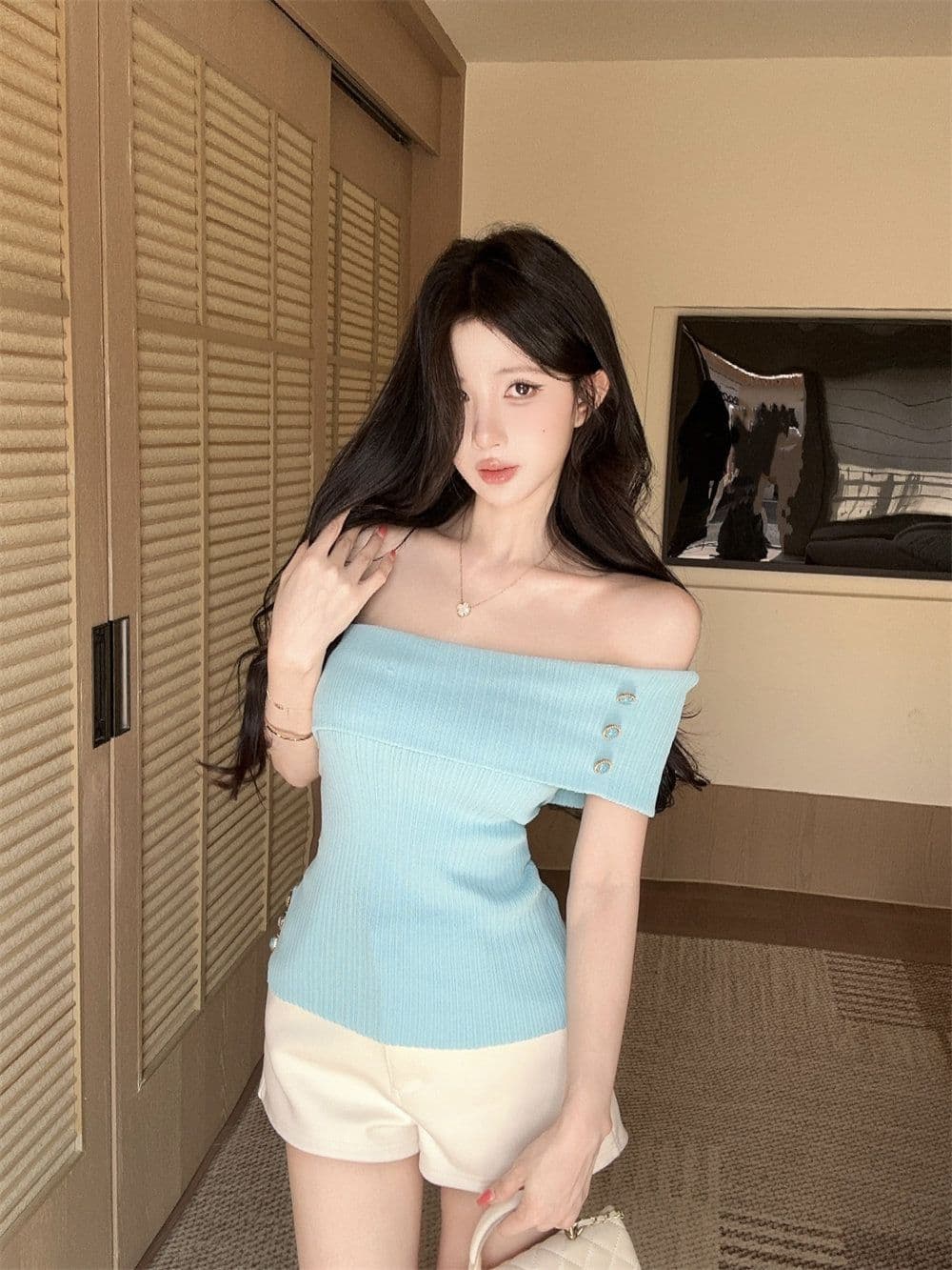 한 부서 몸매 가꾸기 슬림해 보이는 패션 품격 다용도 쇼트 스타일 보트넥 오프숄더 니트 스웨터 여성 상세 이미지 6