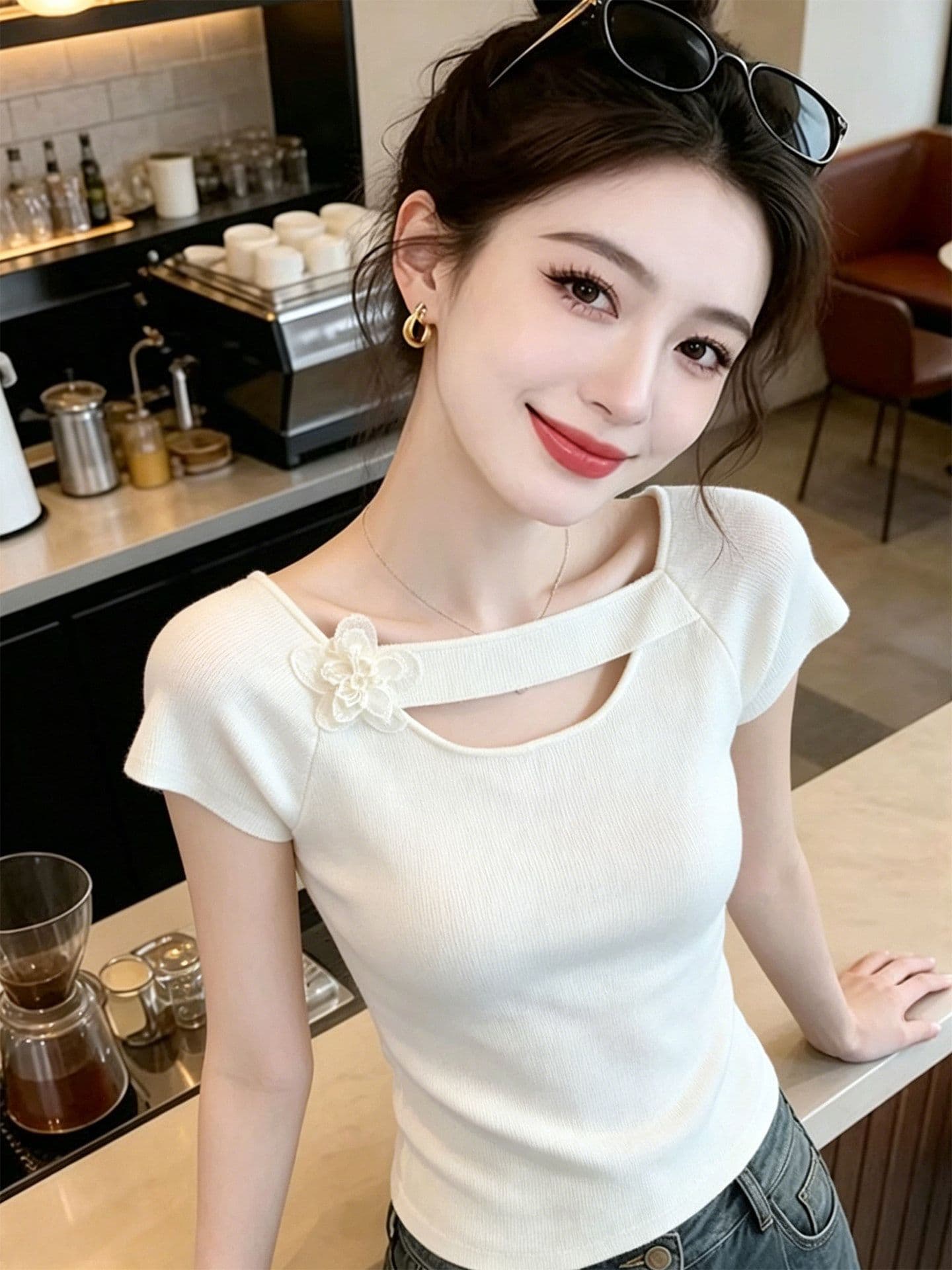 한 부서 디자인 센스 홀로우 아웃 꽃 장식 니트 반팔 티셔츠 여성 새로운 몸매 가꾸기 맨위 이미지 2