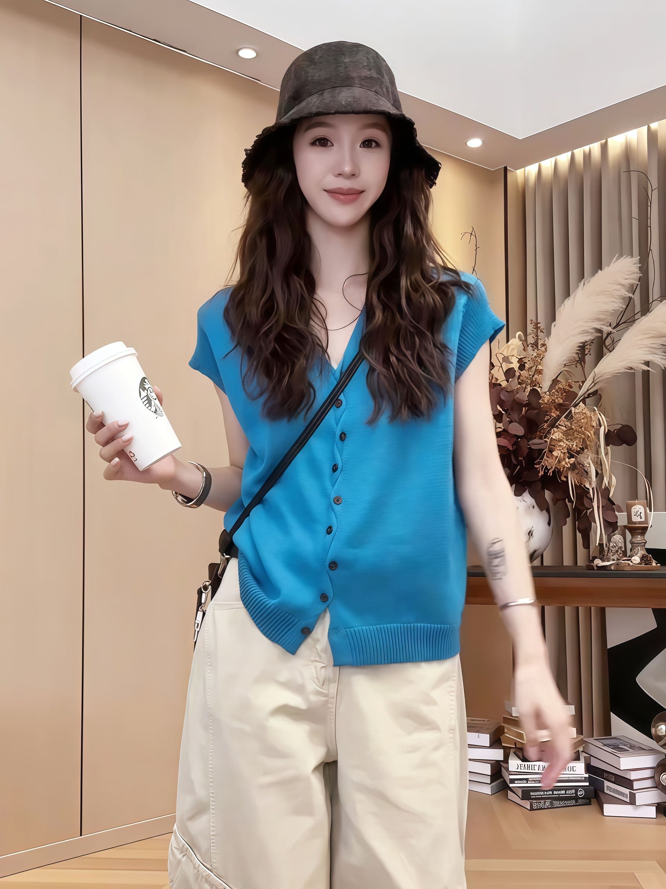 느슨함 센스 V넥 단추 작은 날다 소매 니트 오픈 가디건 여름 새로운 프랑스식 품격 맨위 여성 이미지 2