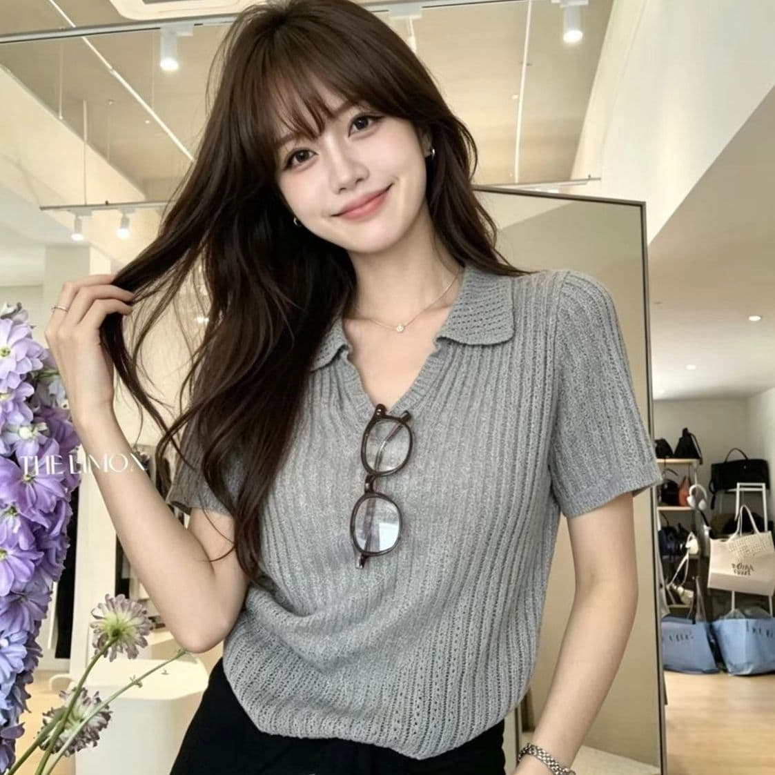 POLO 칼라 긍정적 인 어깨 반팔 니트 스웨터 티셔츠 여성 여름 느슨함 센스 한국 스타일 루즈핏 품격 폴로 칼라 홀로우 아웃 맨위