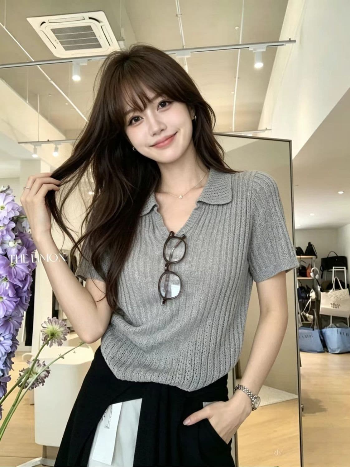 POLO 칼라 긍정적 인 어깨 반팔 니트 스웨터 티셔츠 여성 여름 느슨함 센스 한국 스타일 루즈핏 품격 폴로 칼라 홀로우 아웃 맨위 상세 이미지 2