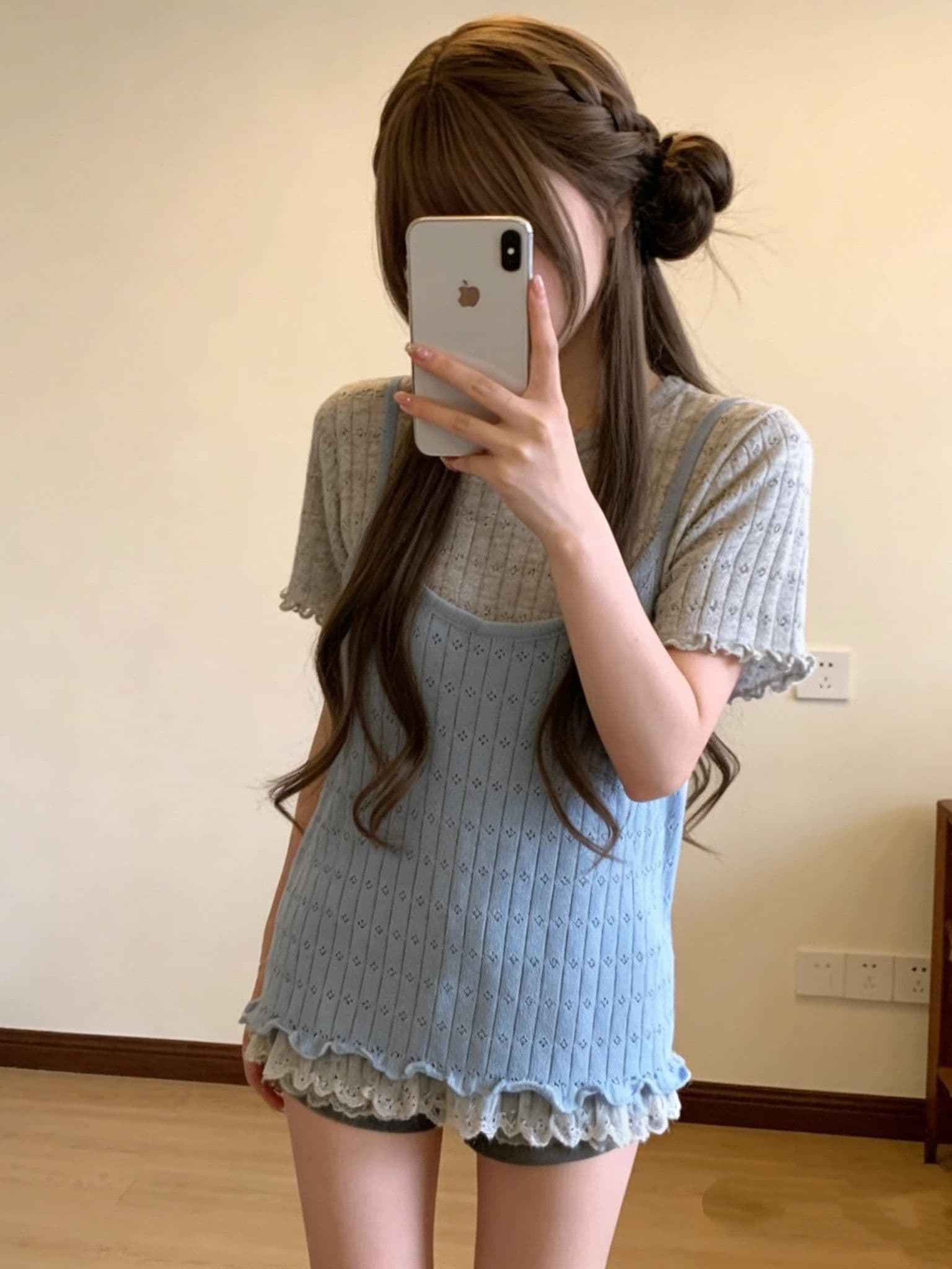 슈퍼 잘 생긴 다용도 페이크 레이어드 배색 반팔 티셔츠 여성 여름 작은 키 프릴 몸매 가꾸기 작은 대중 니트 맨위 상세 이미지 5