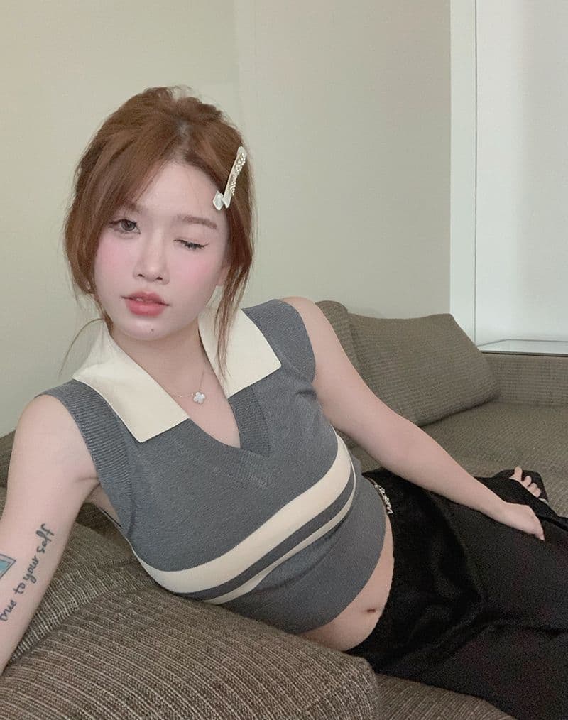 아메리칸 달콤한 매운맛 POLO 칼라 스트라이프 니트 조끼 2026 년 여름 인사이드 가져 가라. 외출용 핫걸 쇼트 스타일 맨위 상세 이미지 4