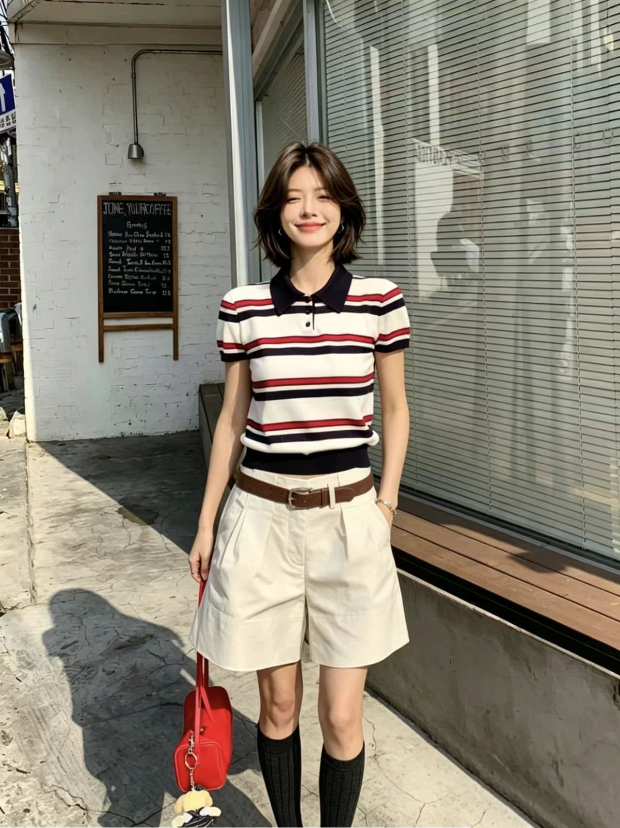 부서 스트라이프 학원 스타일 POLO 셔츠 니트 긍정적 인 어깨 반팔 티셔츠 여성 여름 디자인 센스 작은 대중 허리 수축 맨위 이미지 3