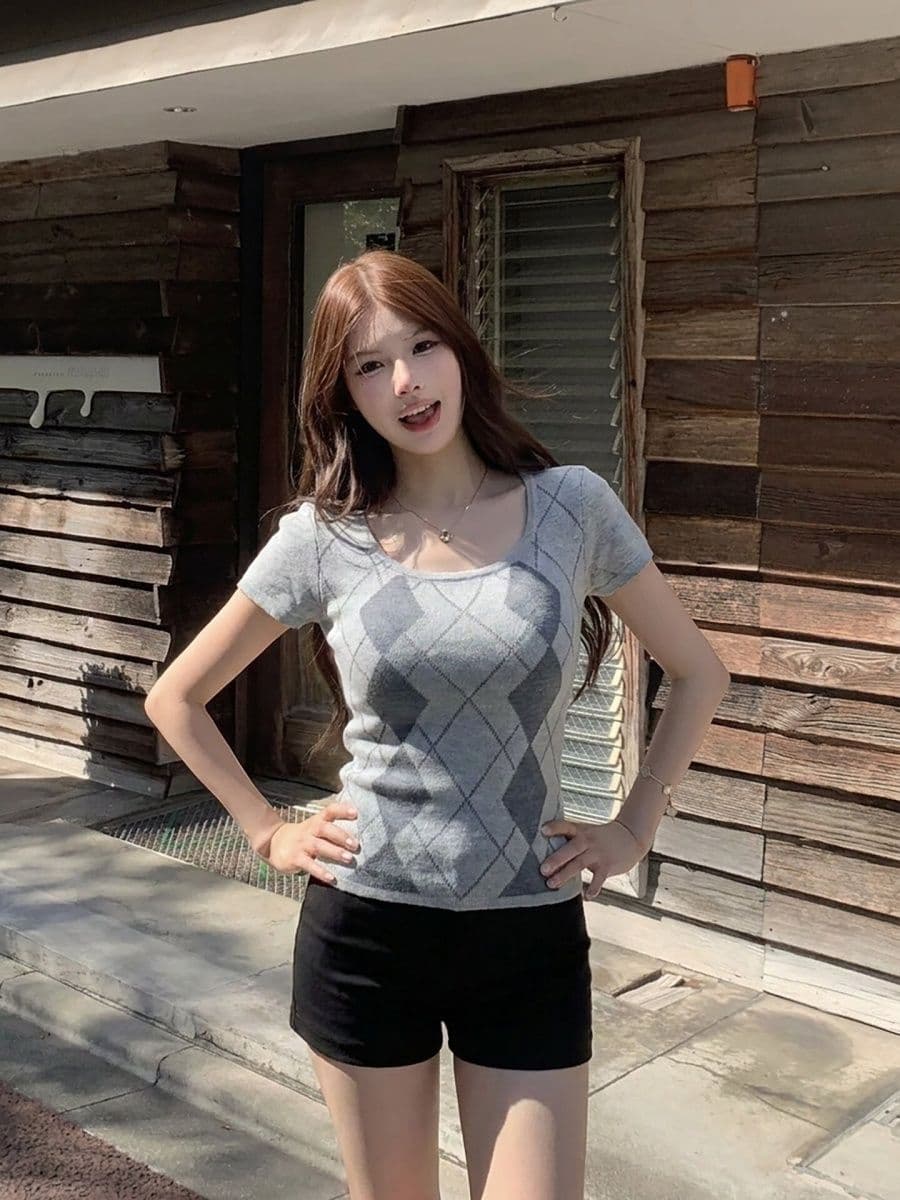 학원 스타일 레트로 링 그리드 니트 반팔 티셔츠 여성 순수한 욕망 홀로우 아웃 몸매 가꾸기 슬림해 보이는 맨위 이미지 2