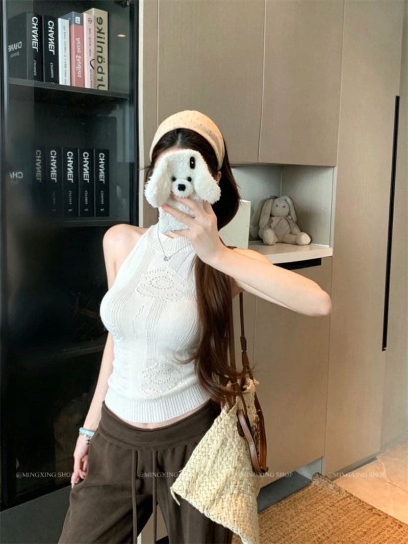 핑크색 행침 목 발굴하다 어깨 민소매 홀로우 아웃 니트 조끼 여성 여름 몸매 가꾸기 오프숄더 쇼트 스타일 맨위 이미지 3