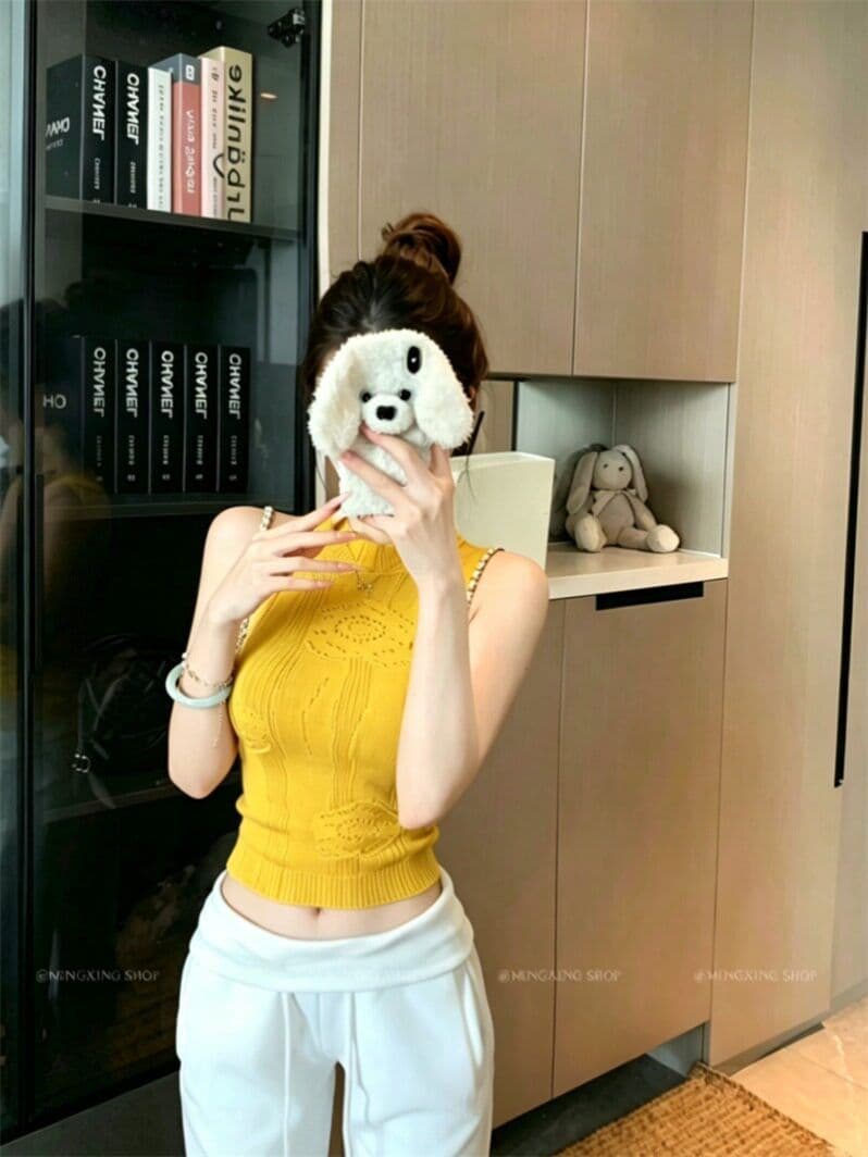 핑크색 행침 목 발굴하다 어깨 민소매 홀로우 아웃 니트 조끼 여성 여름 몸매 가꾸기 오프숄더 쇼트 스타일 맨위 이미지 2