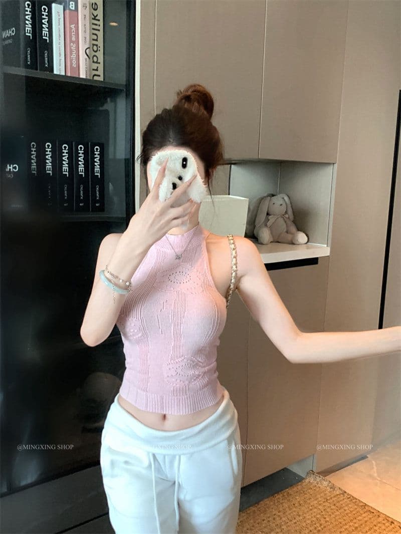 핑크색 행침 목 발굴하다 어깨 민소매 홀로우 아웃 니트 조끼 여성 여름 몸매 가꾸기 오프숄더 쇼트 스타일 맨위 이미지 4
