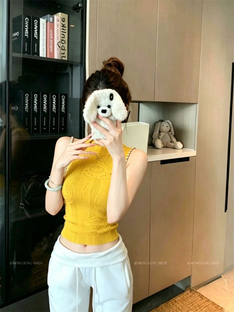 핑크색 행침 목 발굴하다 어깨 민소매 홀로우 아웃 니트 조끼 여성 여름 몸매 가꾸기 오프숄더 쇼트 스타일 맨위 상세 이미지 2